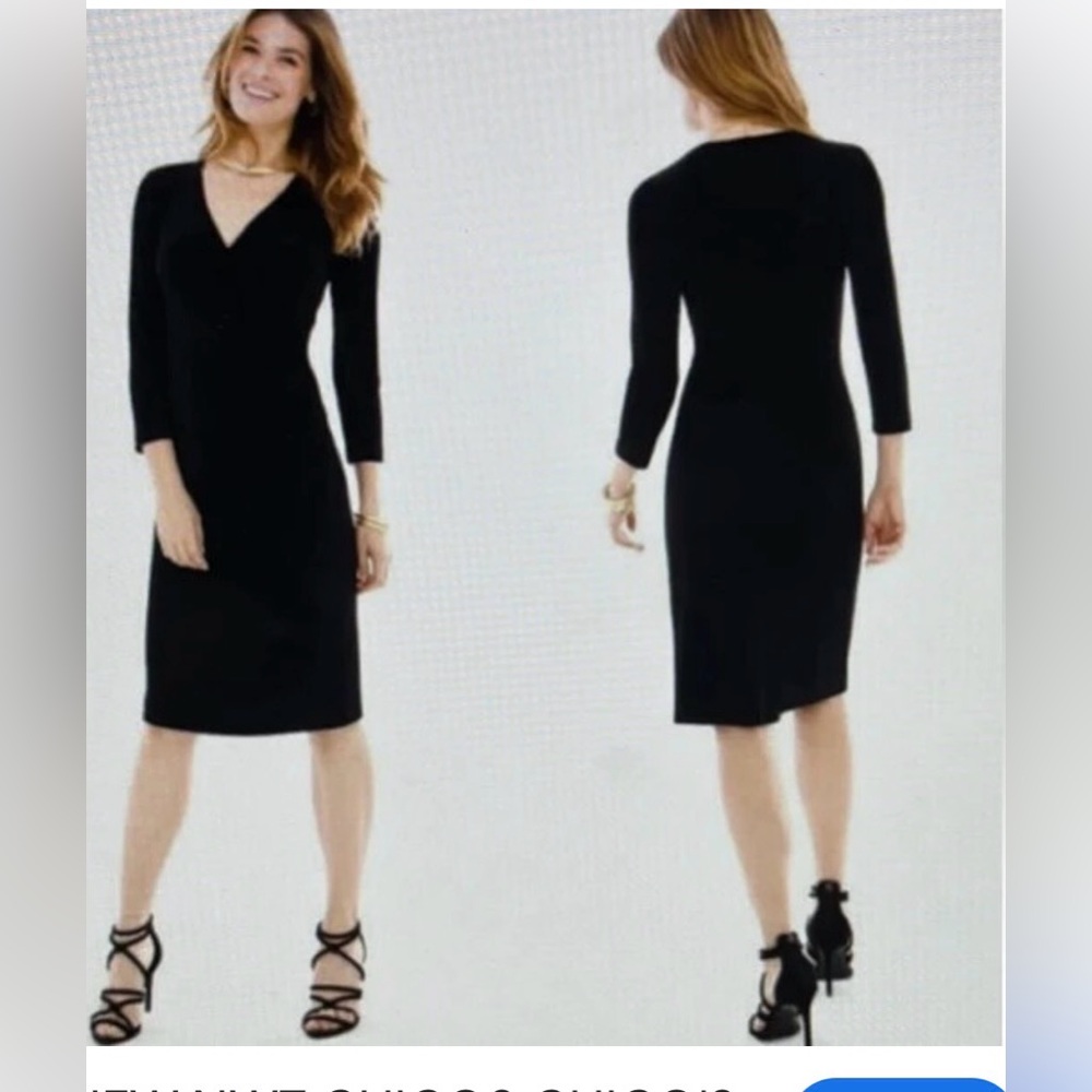 Chico's Travelers Rosemary Faux Wrap Dress Black 3/4 Sleeve Ruched Knit Sz 1/S - Picture 1 of 5